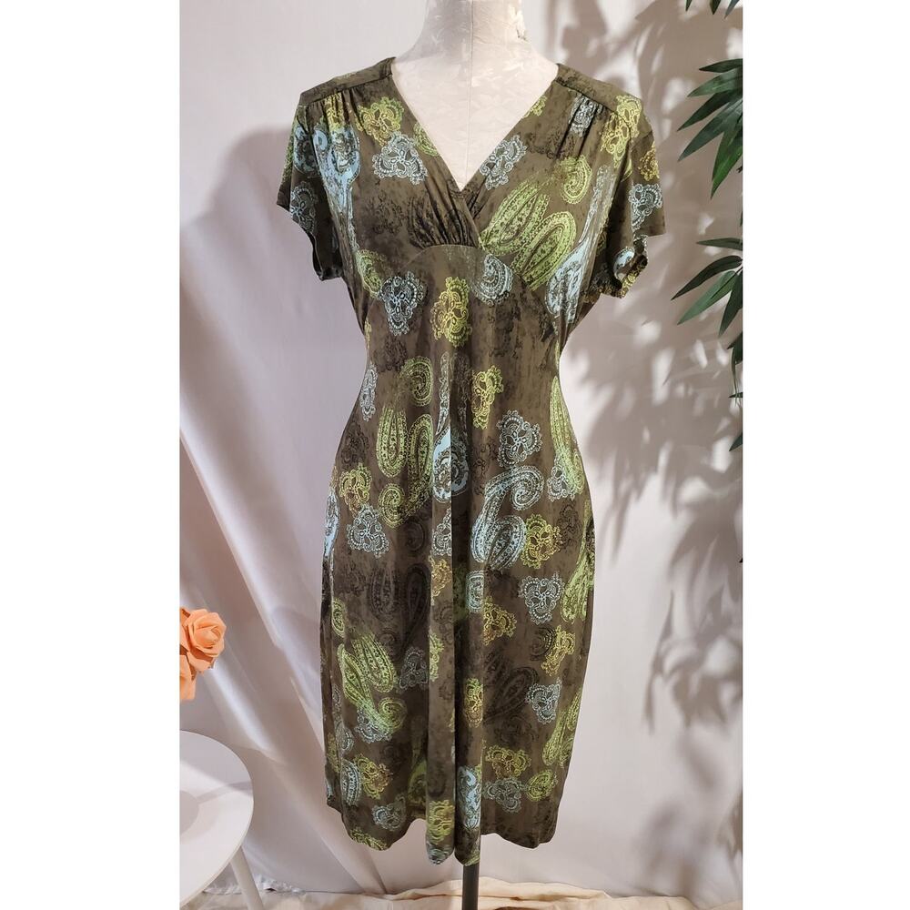 Vtg Y2K Axcess Paisley Babydoll V-Neck Tieback Dress Size L Hippie Boho Stretch